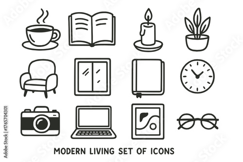 Modern Living Icons. Modern Living linear set: coffee cup, open book, candle, plant, chair, window light, journal, clock, camera, laptop, art print, glasses.