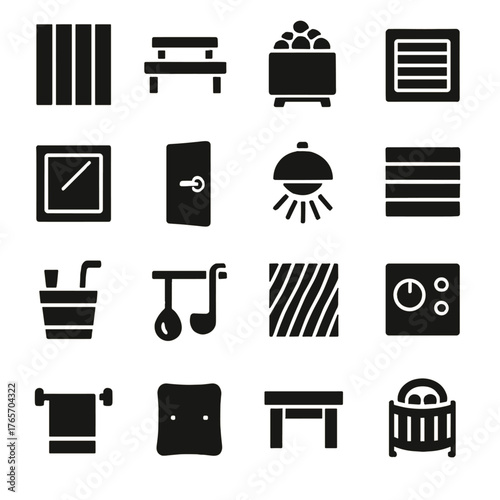 Sauna Icons Collection. Sauna construction and interior icons in silhouette. Wooden walls, sauna bench tiers, stove with stones, ventilation vent