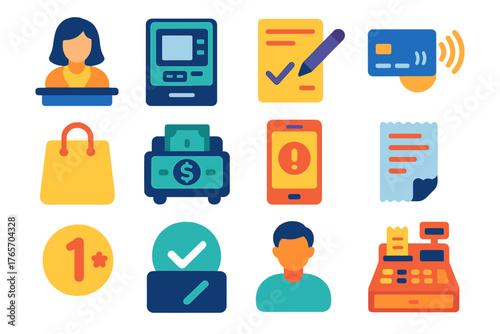 Modern Banking Icons. Retail Banking Interfaces flat icons: teller icon, ATM machine, deposit slip, card tap, shopping bag, money counter, mobile alert, receipt icon, loyalty