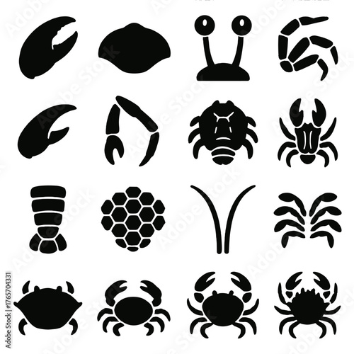 Crab Anatomy Icons. Crab Anatomy icons in silhouette. Crab claw, crab shell, crab eye stalks, walking legs, pincer detail, jointed limb, crab