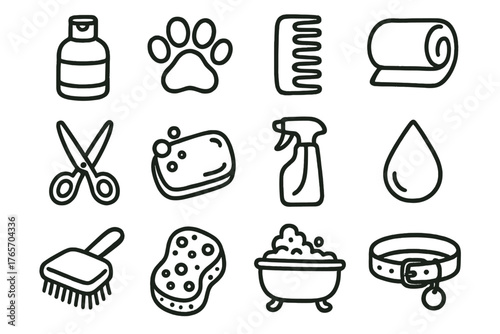 Pet Grooming Icons. Hygienic Care linear set: shampoo bottle, paw print, comb, towel, scissors, soap, spray bottle, water droplet, brush, sponge, bathtub, pet collar.
