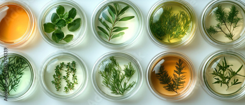 Flasks with herbal infusions and plants, useful for articles on phytotherapy and laboratory research on herbs.