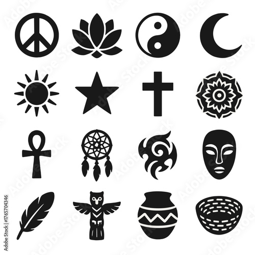 Cultural Icon Silhouettes. Cultural gatherings symbols icons in silhouette. Peace sign, lotus flower, yin yang, crescent moon, sun, star, cross
