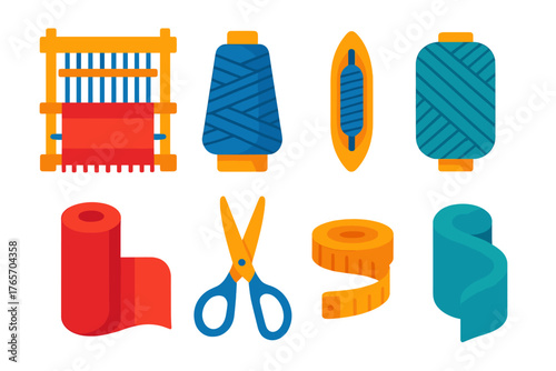 Modern Fabric Icons. Fabric Production flat icons: loom, spool, shuttle, thread, yarn, roll, scissors, measuring tape.