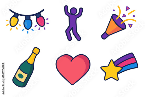 Vibrant New Year Icons. New Year Mood flat icons: glowing lights, dancing silhouette, festive horn, heart, champagne bottle, shooting star.