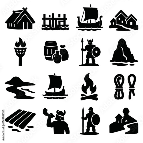 Viking Shore Icons. Viking Settlements and Shores icons in silhouette. Longhouse roof, harbor dock, ship at mooring, coastal village, fire beacon
