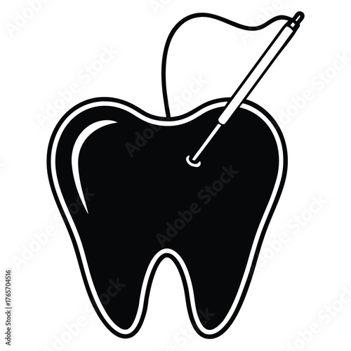 Black silhouette of a tooth with a needle and thread, suggesting dental repair or stitching vector illustration