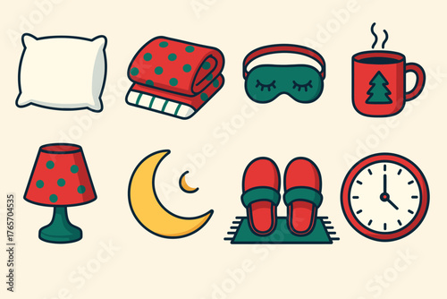 Cozy Night Essentials. Christmas Pajamas Nighttime Comfort flat icons: soft pillow, cozy blanket, eye mask, steaming mug, bedside lamp, crescent moon, slippers on rug, clock