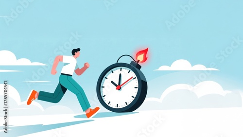Man running from ticking clock time bomb showing stress and deadline pressure, leadership conflict, business problem