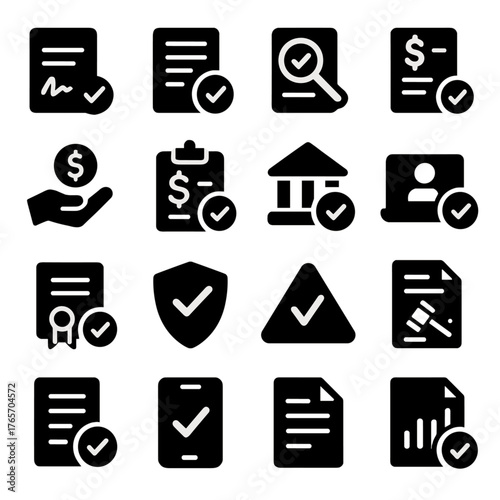 Finance Validation Icons. Validation in business and finance icons in silhouette. Contract approval, invoice verification, financial audit, tax