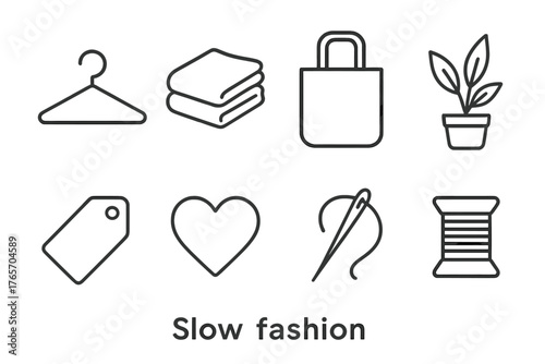 Minimalist Fashion Icons. Slow Fashion Set outline set: hanger, folded clothes, tote bag, plant, fabric tag, heart, sewing needle, spool.,