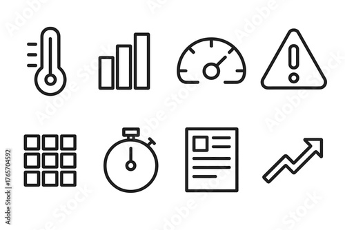 Performance Icons Overview. Performance Zones outline set: temperature icon, bar heat chart, progress gauge, alert symbol, data intensity grid, time tracker, report screen, trend