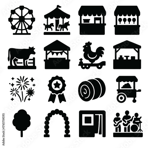 Fair Icons Silhouettes. Regional fairs attractions icons in silhouette. Ferris wheel, carousel, food stall, game booth, livestock show, craft stall