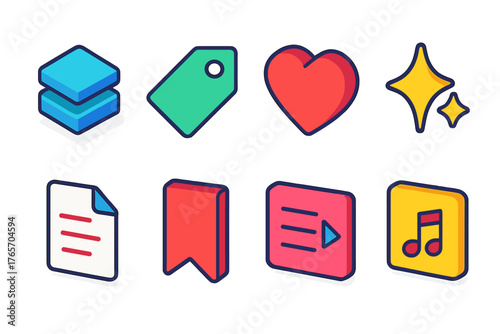 Colorful Icon Set. Curated Collections flat icons: stack, tag, heart, sparkle, document, bookmark, playlist icon, note.