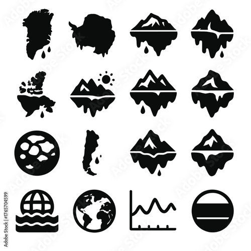 Global Ice Melt Icons. Water from melted ice icons in silhouette. Dripping ice cube, puddle forming, flowing stream, glacier runoff, polar meltwater