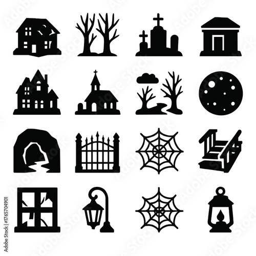 Haunted Silhouette Icons. Haunted places and settings icons in silhouette. Abandoned house, dark forest, graveyard, crypt, haunted mansion, old