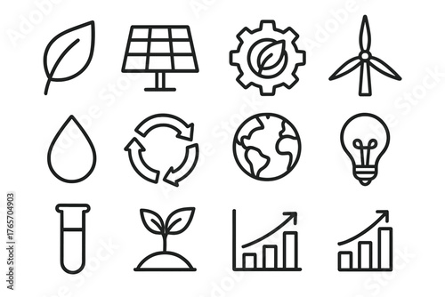 Sustainable Innovation Icons. Sustainable Innovation Labs outline set: green leaf, solar panel, eco gear, renewable icon, wind turbine, water droplet, recycle badge, earth globe,