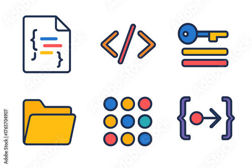 Data Model Icons. Document Data Models flat icons: JSON file, XML tag, key-value pair, document folder, structured data, parsing symbol.