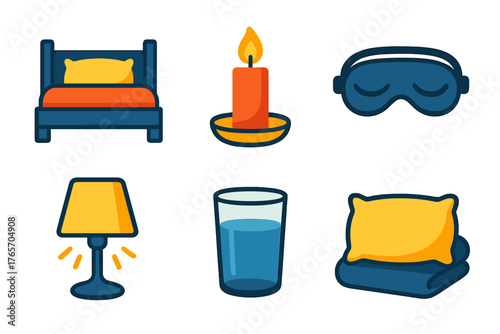 Sleep Essentials Icons. Sleep & Care flat icons: bed icon, night candle, eye mask, soothing light, water glass, soft bedding., , High resolution, sharp vector-like appearance,