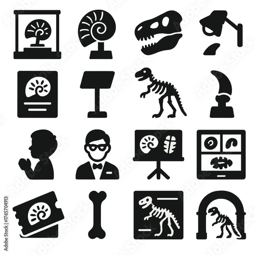 Fossil Icons Collection. Fossil Display and Museums icons in silhouette. Glass case, pedestal fossil, wall mount skull, museum spotlight, fossil