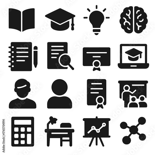 Education Icons Collection. Interest in education and learning icons in silhouette. Book, graduation cap, light bulb, brain, lecture notes, research