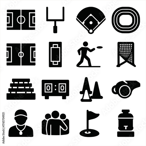 Sports Icons Silhouettes. Sports and recreation fields icons in silhouette. Soccer field, football goalpost, baseball diamond, running track, rugby