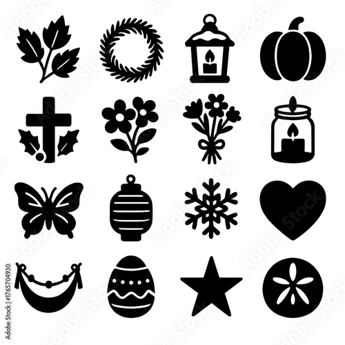 Seasonal Grave Icons. Seasonal Grave Decorations icons in silhouette. Autumn leaves, pine wreath, lantern with snow, pumpkin, Christmas cross, spring