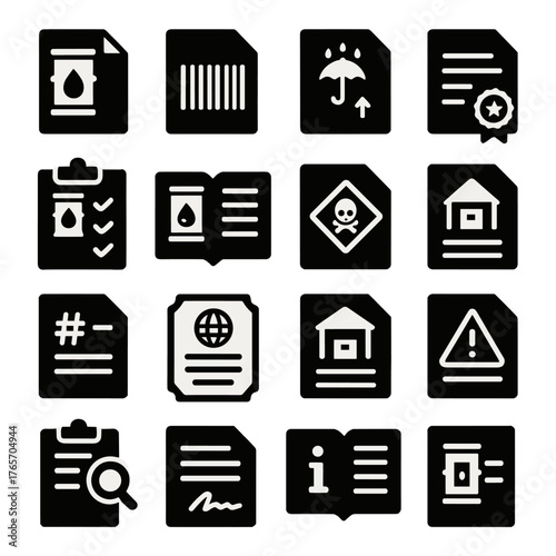 Oil Barrel Icons. Oil barrel labeling and documentation icons in silhouette. Product label, barcode, shipping label, safety data sheet, certification