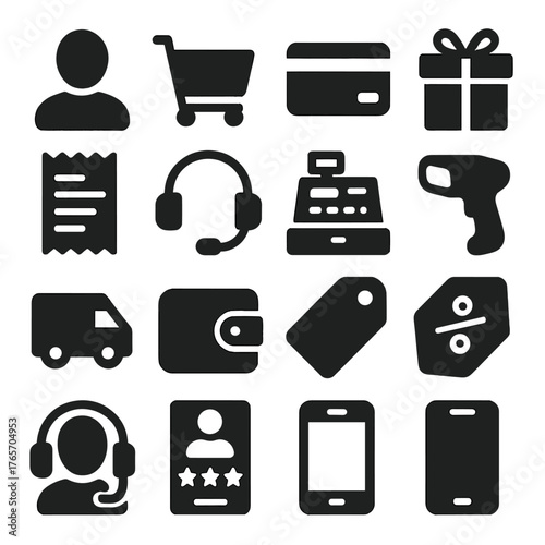 Shopping Icons Collection. Customer silhouette, shopping cart, headset, credit card, gift box, receipt, loyalty card, cash register, barcode scanner
