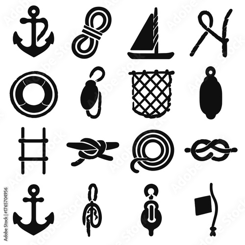 Nautical Rope Icons. Rope in nautical and maritime contexts icons in silhouette. Anchor rope, mooring line, sail rope, rigging rope, docking rope
