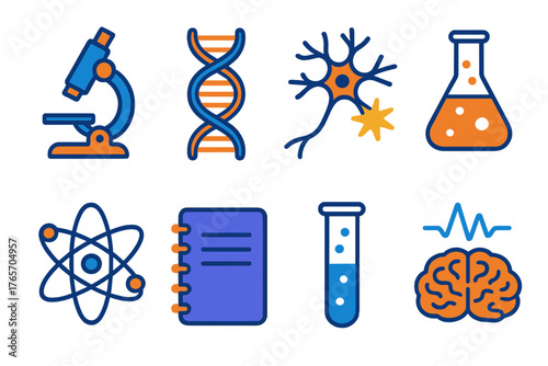 Scientific Icons Collection. Scientific Brainstorm flat icons: microscope, DNA strand, neuron spark, chemical flask, atom, lab notebook, test tube, brainwave.