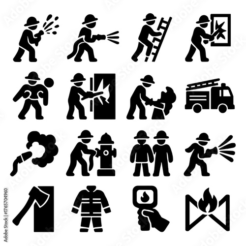 Firefighting Action Icons. Fire elements and stages icons in silhouette. Spark, ember, ignition, flame tip, flicker icon, steady flame, growing blaze