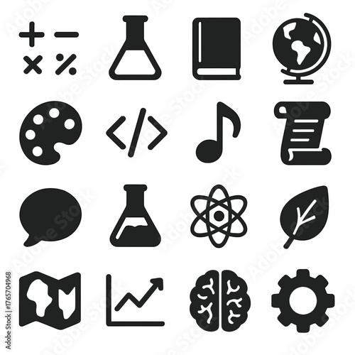 Educational Icons Set. Digital education subjects and disciplines icons in silhouette. Math symbols, science flask, literature book, globe, art