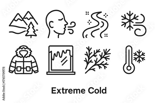 Icy Winter Icons. Extreme Cold outline set: icy landscape, breath mist, frozen river, wind chill symbol, winter coat, ice on glass, frost on branches, low temperature gauge.