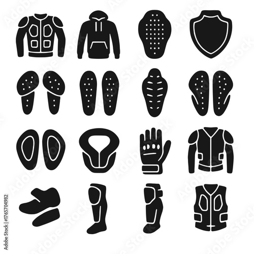 Motorcycle Armor Silhouette Icons. Motorcycle Protective Armor icons in silhouette. Armored jacket, armored hoodie, back protector, chest shield