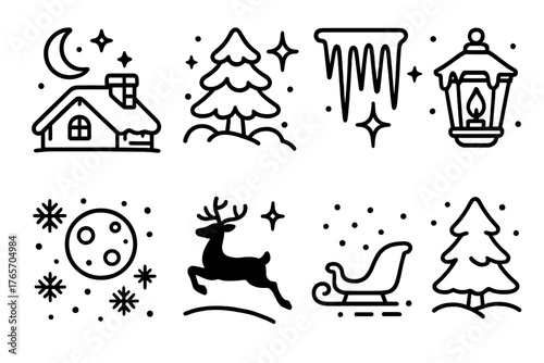 Christmas Icicles Night. Christmas Icicles — Holiday night outline set: moonlit roof, snow-laden trees, icy sparkle, twinkling star, reindeer silhouette, sleigh trail, frozen