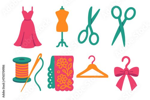 Haute Couture Icons. Haute Couture flat icons: elegant dress, mannequin, spool, needle, scissors, lace fabric, hanger, ribbon.