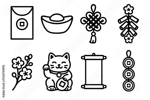 Lunar New Year Icons. Lunar New Year Spirit Good Fortune outline set: red envelope, gold ingot, lucky knot, fortune scroll, firecracker, peach blossom, waving cat, coin string.