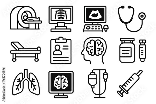 Medical Equipment Icons. Medical scanner outline set: MRI machine, X-ray, ultrasound device, hospital bed, patient chart, stethoscope, lungs, brain scan, thermometer, pill bottle,