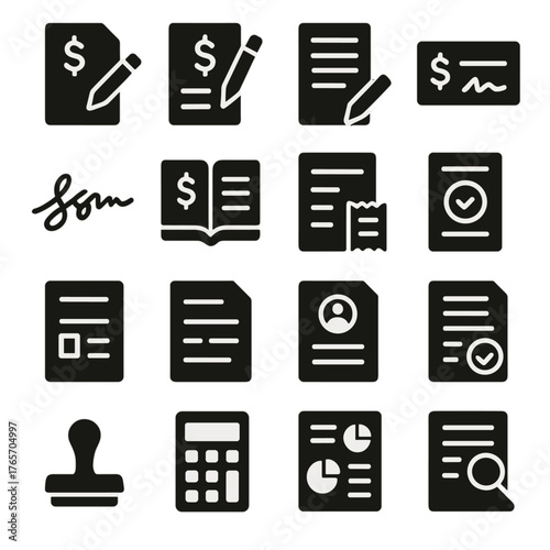Financial Icons Collection. Financial notes and contracts icons in silhouette. Loan agreement, promissory note, contract, check, signature, ledger