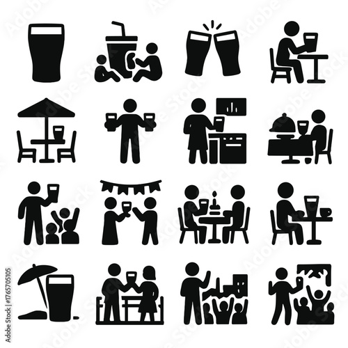 Silhouette Drink Icons. Pint drinking scenarios icons in silhouette. Pub glass, picnic cup, party drink, bar counter, outdoor cafe, beer festival