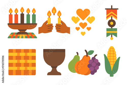 Kwanzaa Unity Icons. Kwanzaa Unity Flame flat icons: lit kinara, shared lighting, woven cloth, cup of unity, fruits and corn, peaceful glow, ancestral decor, glowing hearts., ,