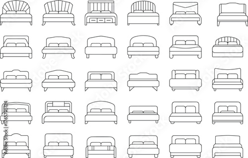Bed, frame, line, drawing, minimalist, furniture, headboard, footboard, sketch, outline, black, white, modern, bedroom, interior, design, collection, vector, 