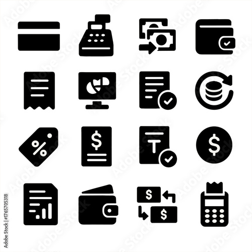 Financial Icons Collection. Purchase order finance and payments icons in silhouette. Credit card, cash register, bank transfer, digital wallet