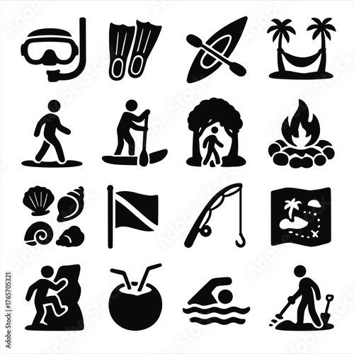 Island Adventure Icons. Island activities and exploration icons in silhouette. Snorkeling mask, swim fins, kayak, hammock, beach walk, paddleboard