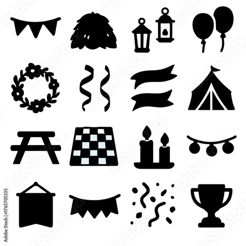 Festival Icons Collection. Regional fairs decorations icons in silhouette. Bunting flags, haystack, lanterns, balloons, floral wreath, streamers