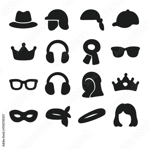 Silhouette Headwear Icons. Headwear and accessories icons in silhouette. Hat, helmet, headband, cap, crown, headphones, scarf, glasses, sunglasses