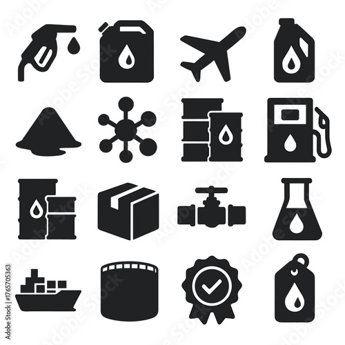 Refinery Icons Collection. Refinery products and outputs icons in silhouette. Gasoline, diesel, jet fuel, lubricants, asphalt, petrochemical, oil