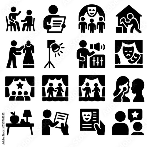 Theatre Production Icons. Theatre production process icons in silhouette. Rehearsal, script reading, casting call, set building, costume fitting