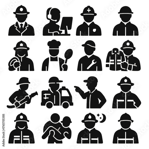 Fire Station Roles Icons. Fire station people and roles icons in silhouette. Fire chief, dispatcher, paramedic, rookie, volunteer firefighter